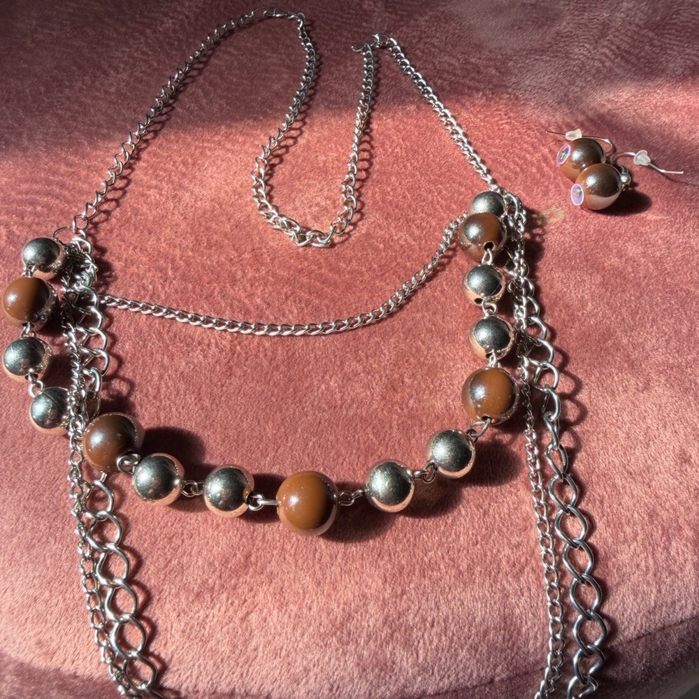 Silver and Brown Beaded Necklace and Earring Set